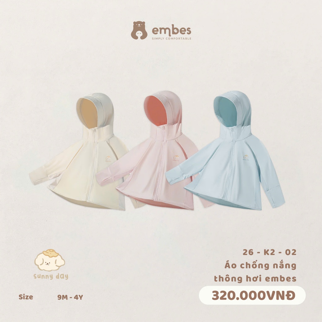 Áo Chống Nắng Embes, Áo Chống Nắng Có Mũ Vành Chất Proly Mềm Mại Chống Tia UV Cho Bé Size Từ 8-18Kg