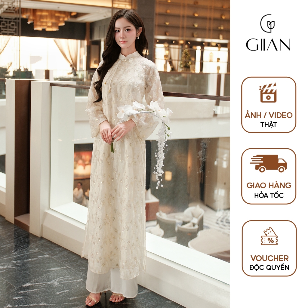 Áo dài cách tân kim sa nữ tết Giian thiết kế dáng suông 4 tà AD0127