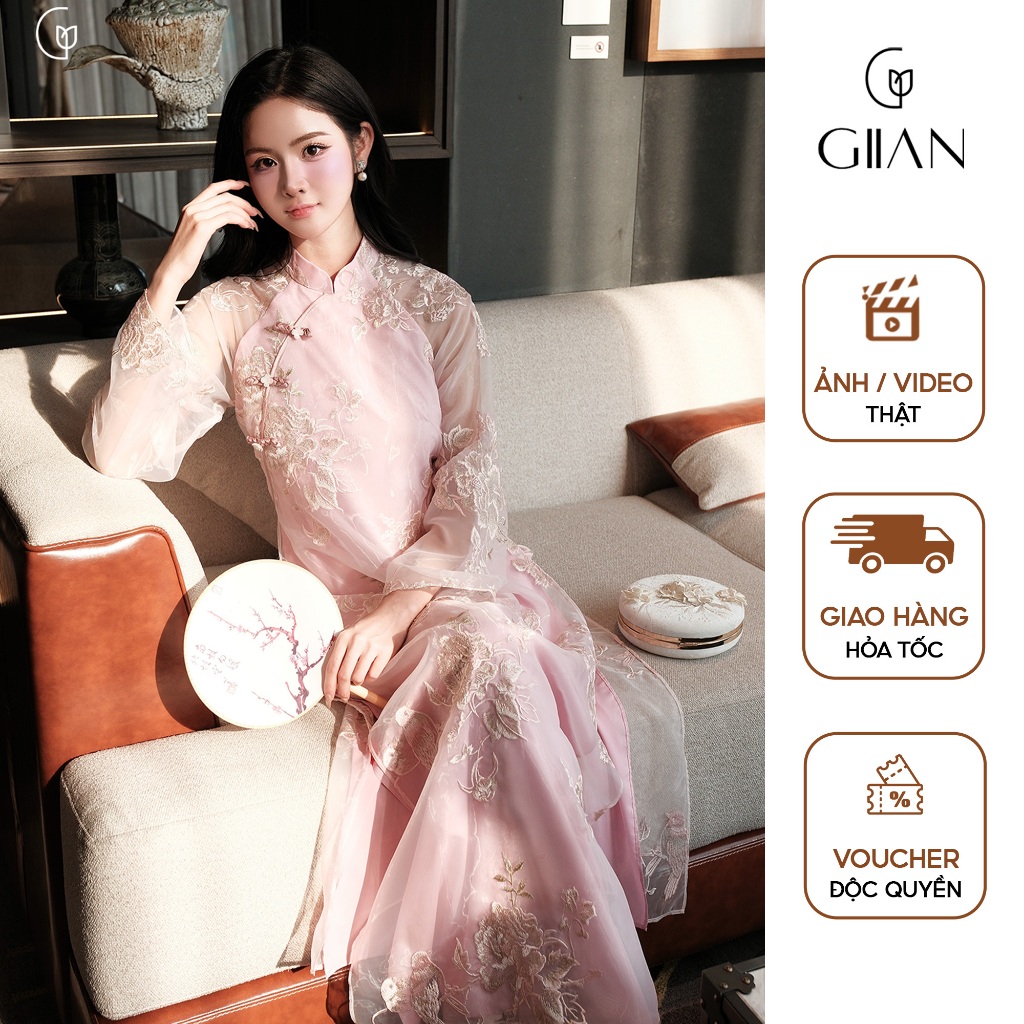 Áo dài cách tân nữ tết Giian thiết kế dáng suông 4 tà họa tiết hoa thêu nổi, vải tơ óng cao cấp AD01