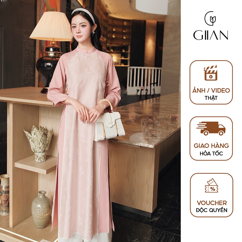 Áo dài cách tân nữ tết Giian thiết kế dáng suông, tà lệch cách vải trượt hàn phối tơ ánh vân 3D cao 