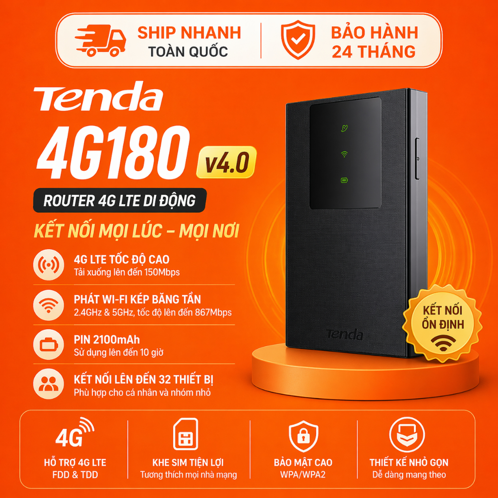 Router 4G Tenda 4G180 LTE Cat4 Phát WiFi Di Động Tốc Độ Cao Gắn SIM