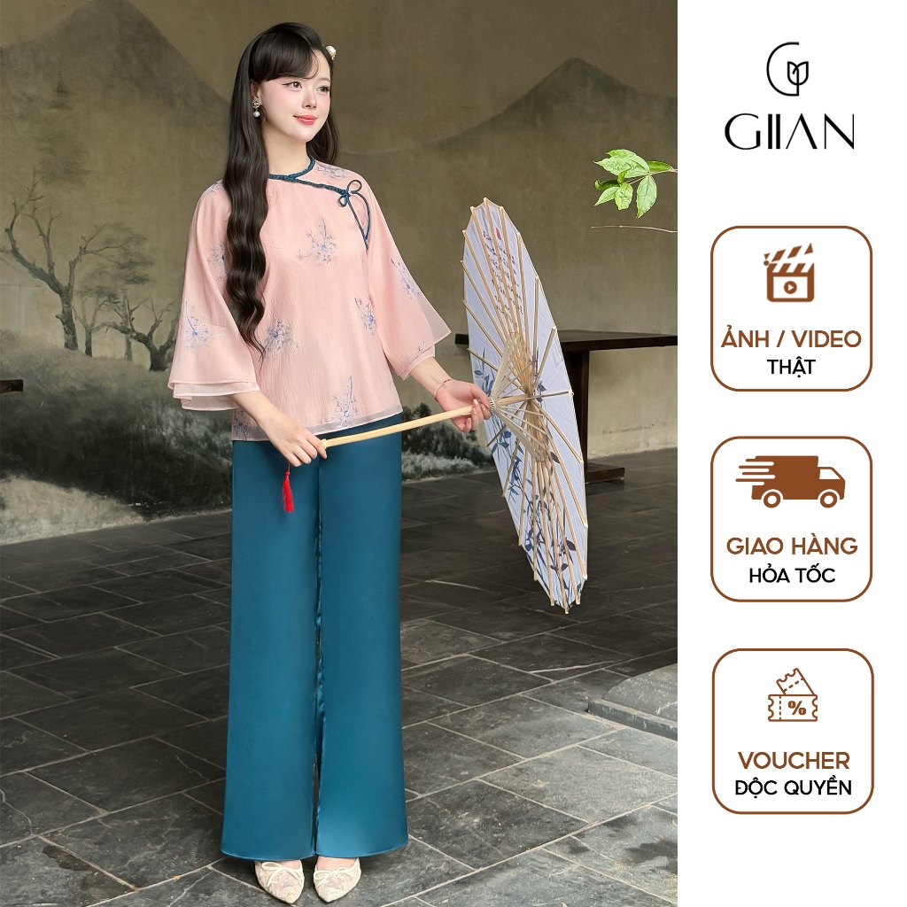 Pháp phục lễ chùa nữ Giian, đồ lam dáng bà ba đi chơi thiết kế vải tơ hoa nhí cao cấp, quần vải lụa 