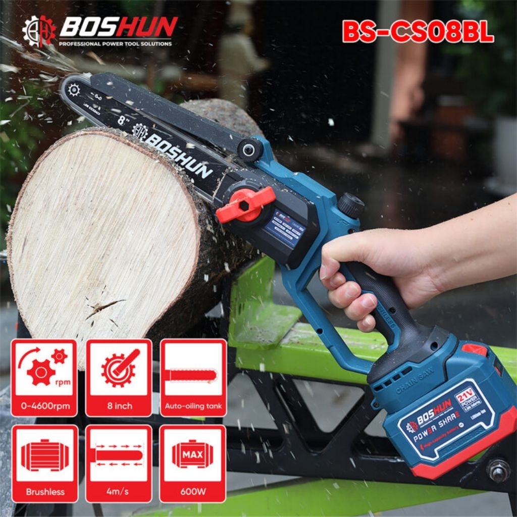 Máy Cưa Xích Pin Boshun BS-CS08BL Lam Xích 8 INCH, Không Chổi Than, 100% Lõi Đồng, Chính Hãng