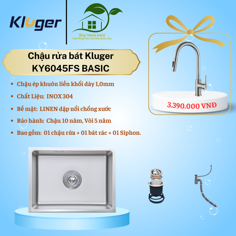 Chậu rửa bát Kluger KU6045FS Basic, Bề mặt: LINEN dập nổi chống xước, kích thước 600 x 450 mm