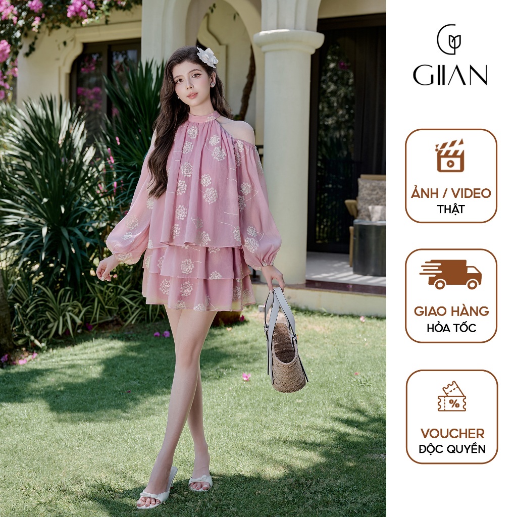 Set đồ nữ đi biển Giian thiết kế áo yếm phối cổ tròn, chân váy xếp tầng tôn dáng vải tơ thêu cao cấp
