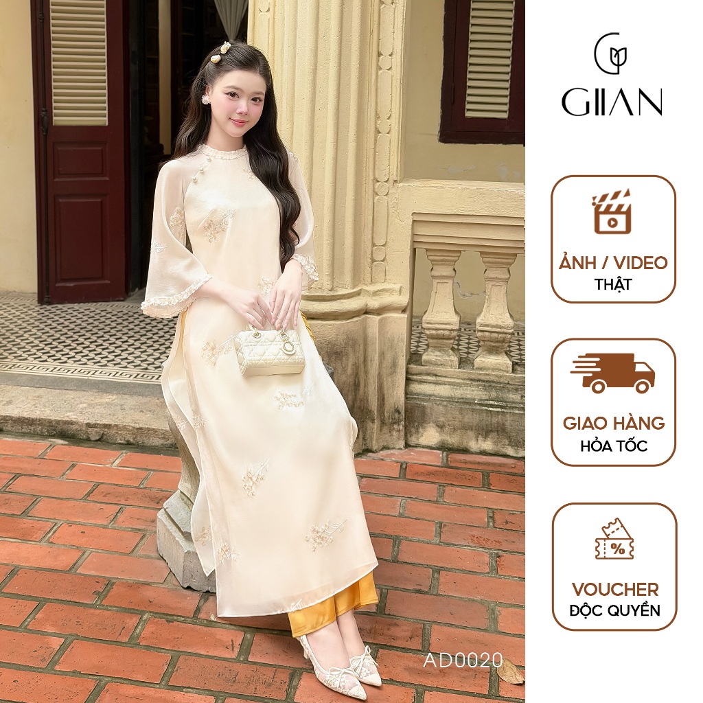 Áo dài cách tân tết nữ Giian dáng suông 4 tà, hoa nhí thêu thủ công cao cấp, thiết kế cổ tròn phối n
