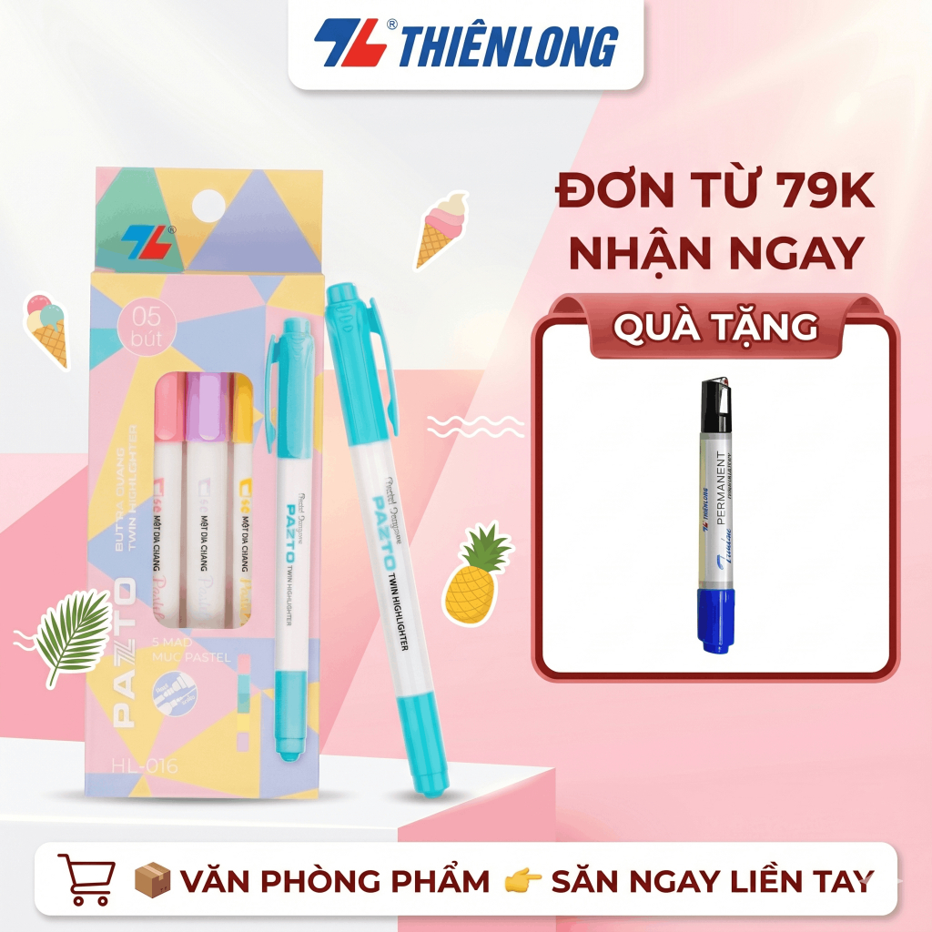 Combo 5 Bút dạ quang Thiên Long 2 đầu màu Pastel  Pazto HL-016 - Bút nhớ dòng highlight take note gh