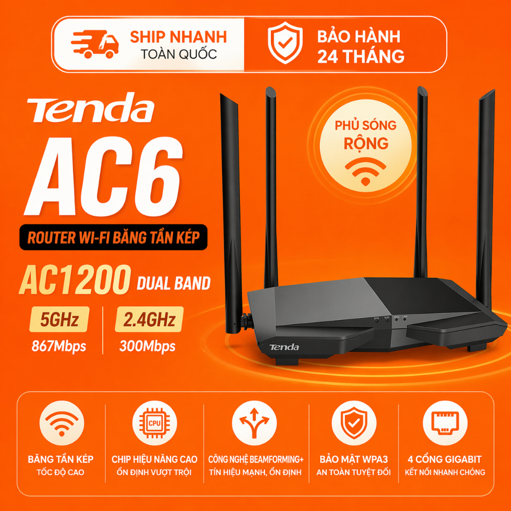 Router WiFi Tenda AC6 AC1200 Dual Band 4 Anten Sóng Mạnh Giá Tốt Cho Gia Đình