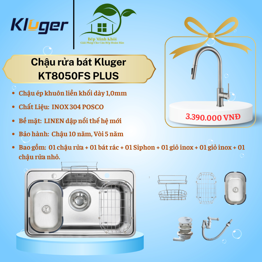 Chậu rửa bát KT8050FS - S80 PLUS 1 hố, Thương hiệu KLUGER Bề mặt: LINEN chống xước