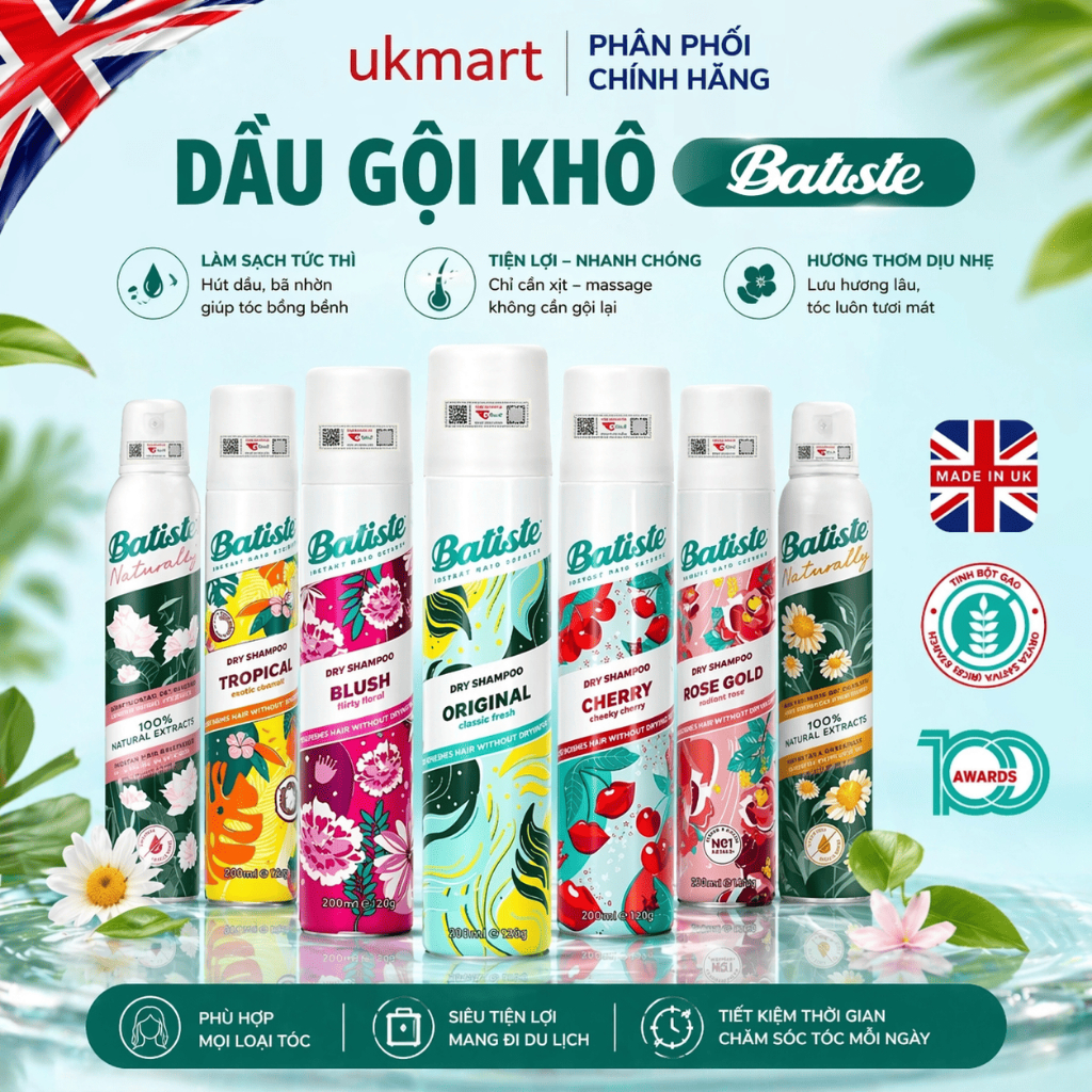 Dầu Gội Khô Batiste 200ml, Batiste 50ml Dry Shampoo Gội khô Anh Chính Hãng 100% UK
