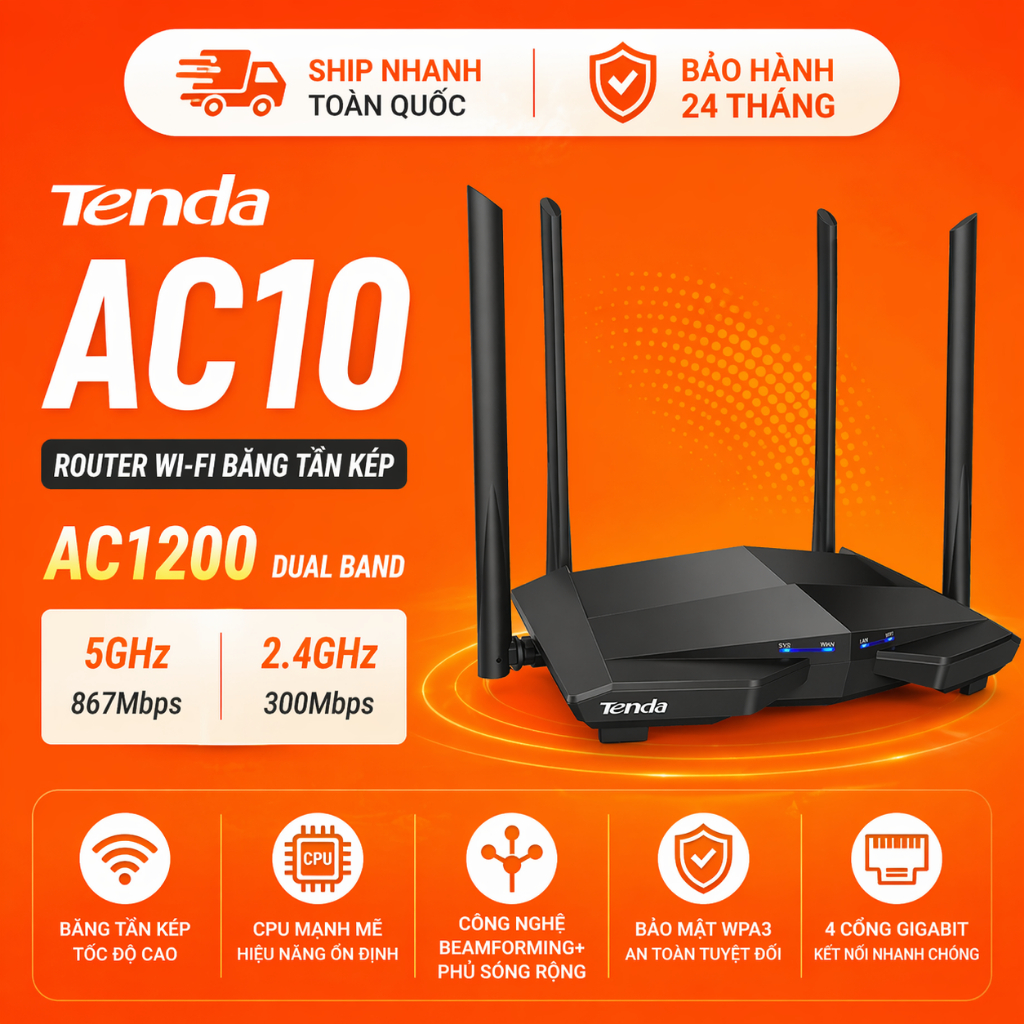Router WiFi Tenda AC10 AC1200 Gigabit Dual Band Sóng Mạnh Cho Nhà Nhiều Thiết Bị