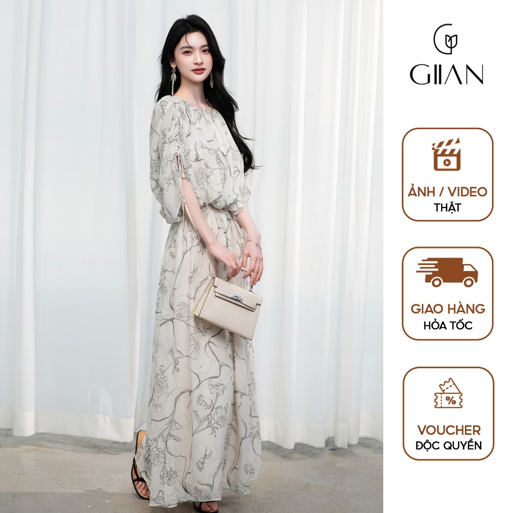 Váy đi biển maxi Giian, đầm dáng dài thiết kế cổ tròn nhún chun eo tôn dáng vải tơ in cao cấp - VA02