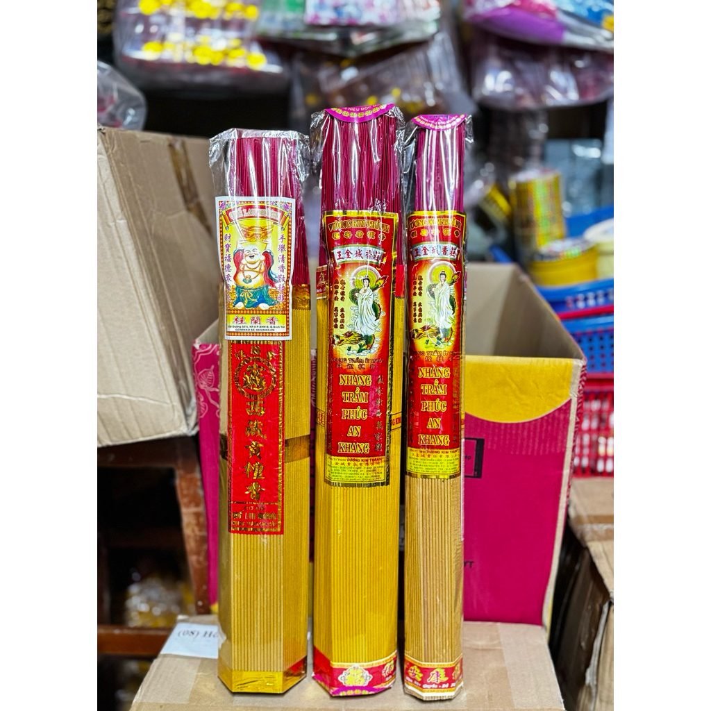 Nhang Ông Địa & Nhang Trầm Phúc An Khang Cao Cấp, Cao 6 Tấc, Hãng Quế Lan Hương và Vương Kim Thành