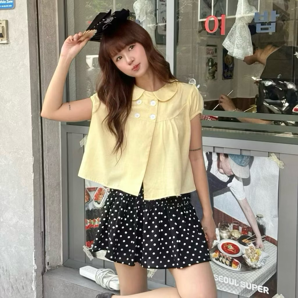 Áo babydoll 4 cúc tay bồng cổ sen, Áo kiểu babydoll dễ thương