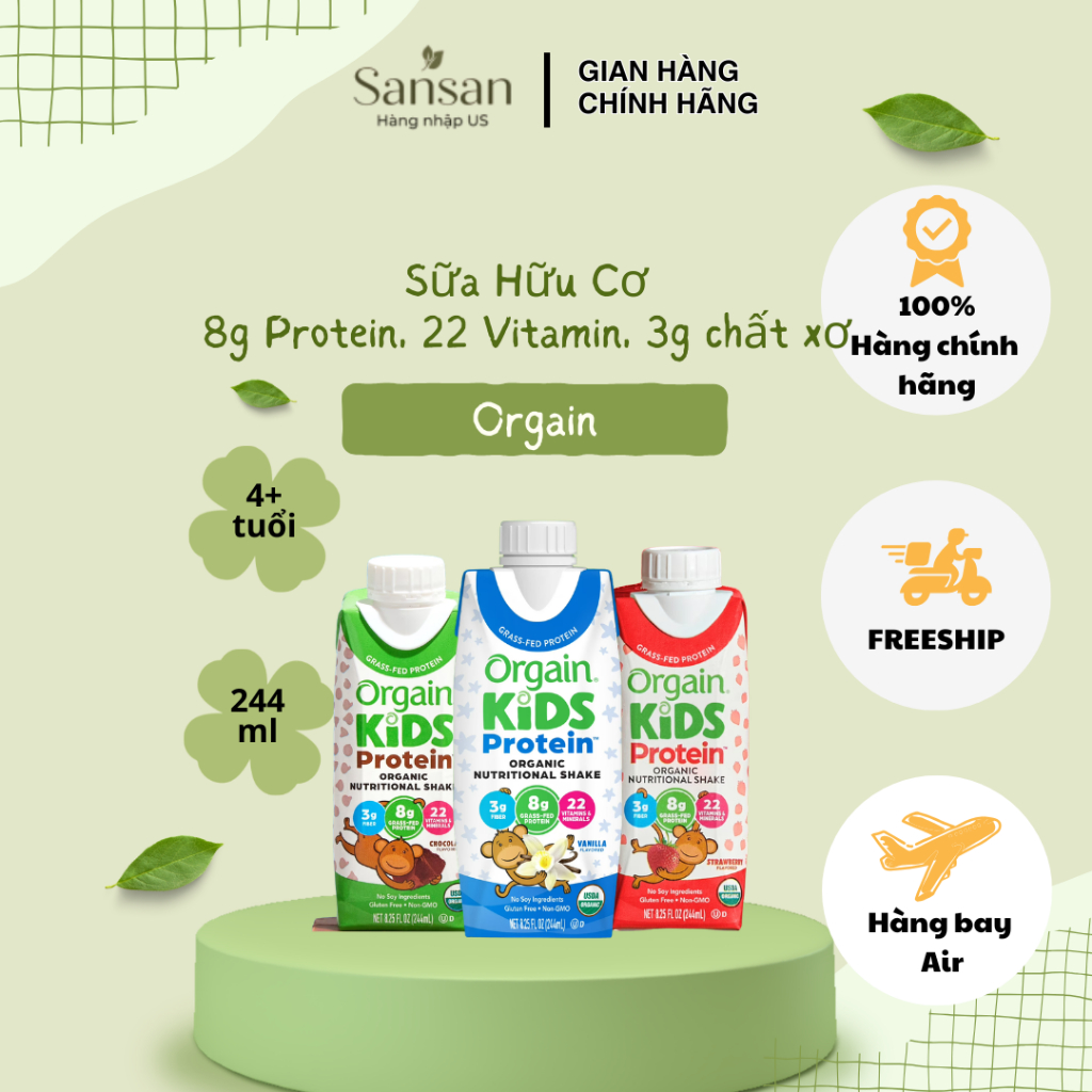 Sữa Khỉ hữu cơ Orgain Kids Protein Shake 244ml Vani/ Dâu/ Socola – 8g Protein, 22 Vitamin, 3g Chất X