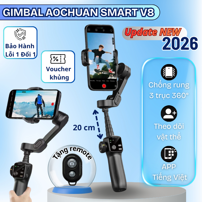Gimbal chống rung 3 trục chính hãng AOCHUAN Smart V8, Gimbo điện thoại 360 cải tiến 2025