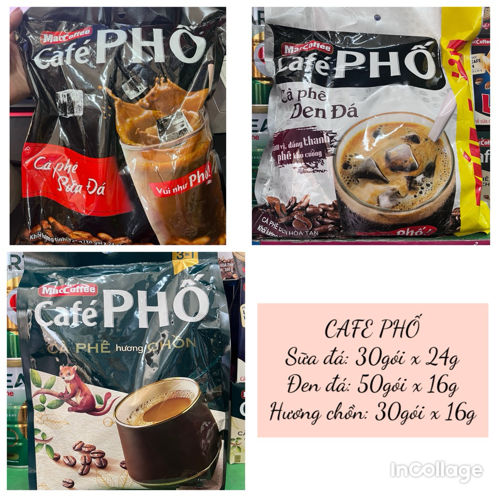 1 bịch cafe phố Maccoffee cà phê sữa đá, đen đá, hương chồn date 2027