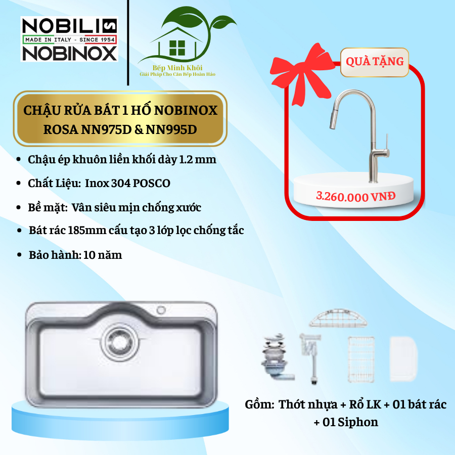 Chậu rửa bát 1 hố NOBINOX ROSA NN995D & NN975D Vân siêu mịn chống xước