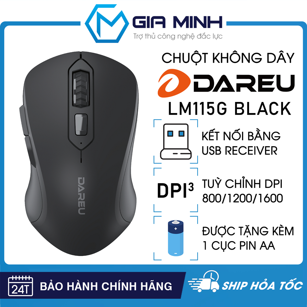 Chuột Không Dây Giá Rẻ DareU LM115G - Đen - Tặng Kèm Pin - Full VAT - Bảo Hành 24 Tháng