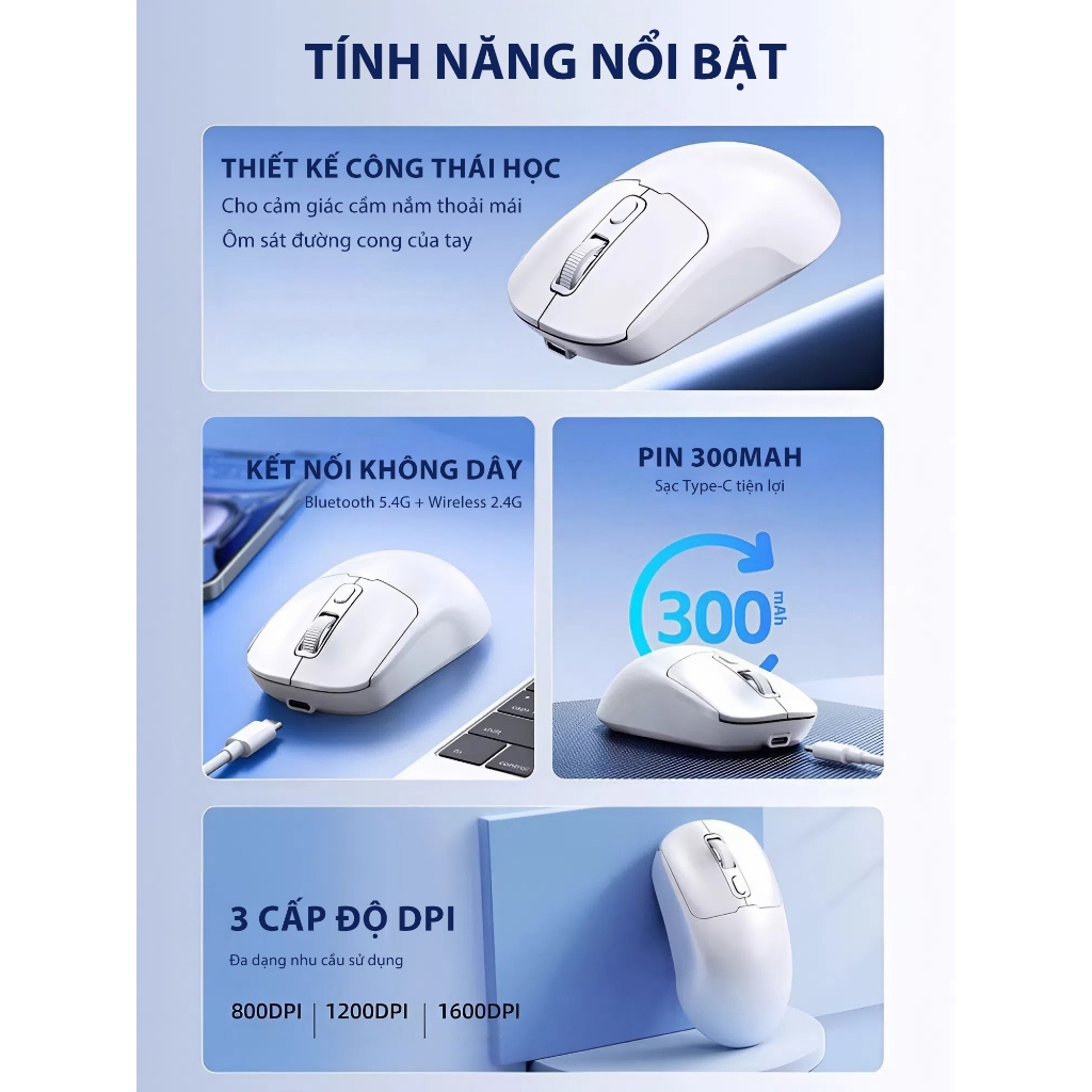 Chuột Không Dây 2 Mode Bluetooth & Wireless 2.4G, Sạc Type-C, Chuột Gaming Thiết Kế Công Thái Học | BigBuy360 - bigbuy360.vn