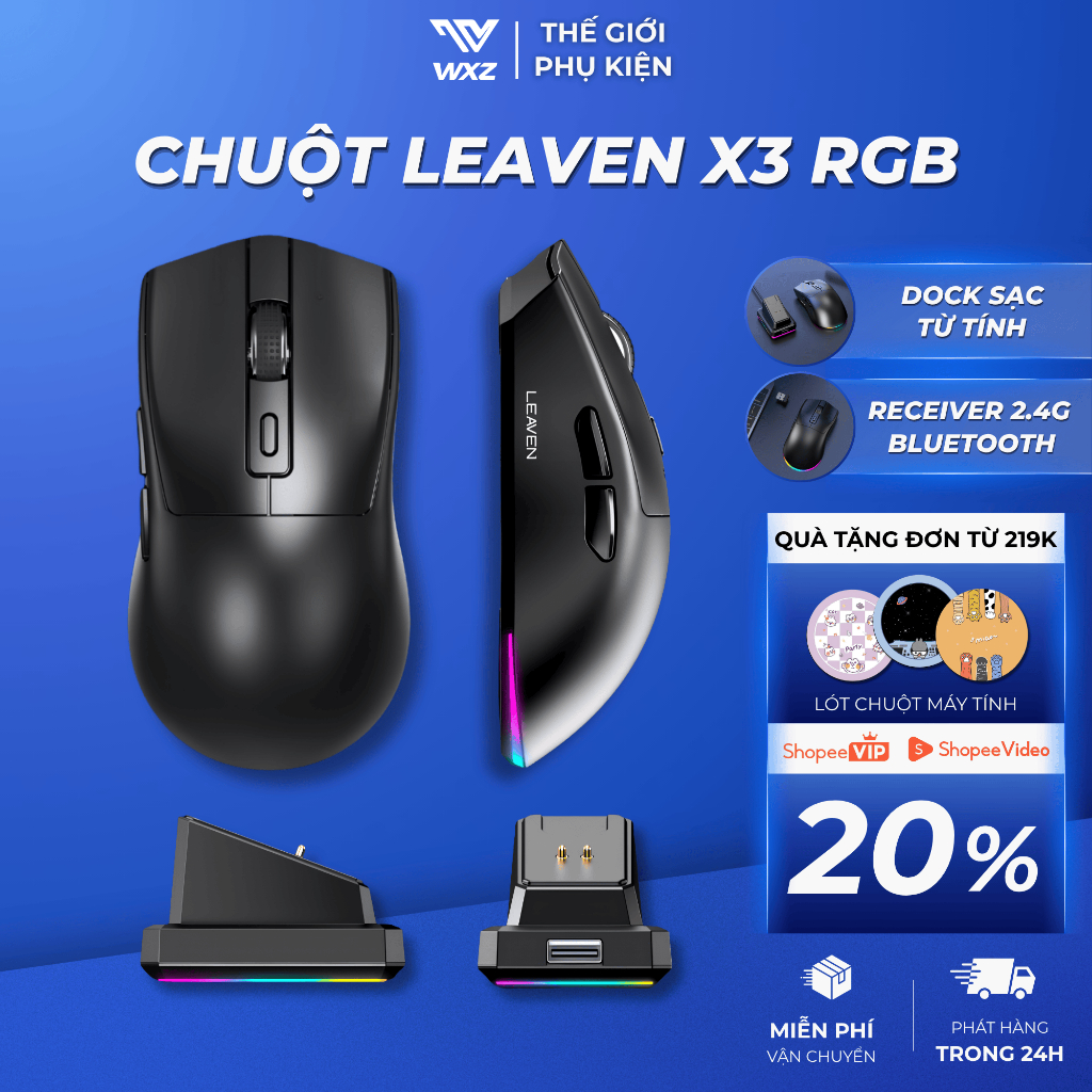 Chuột Gaming LEAVEN X3 Chuột Không Dây 2 Mode Có Dock Sạc Led RGB 3 Mức DPI Thiết Kế Công Thái Học
