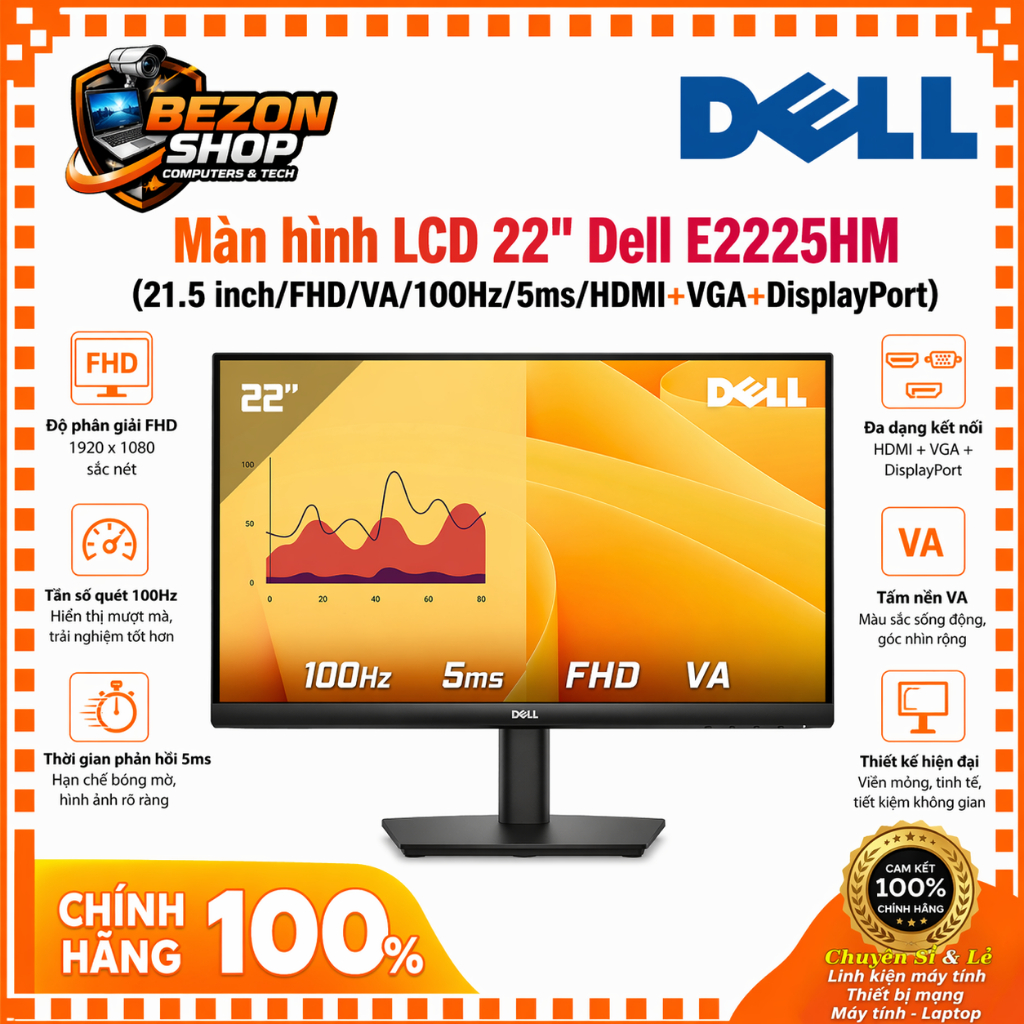 Màn hình LCD 22" Dell E2225HM (21.5 inch/ FHD/ VA/ 100Hz/5ms/ HDMI+VGA+DisplayPort) - Hàng chính hãn