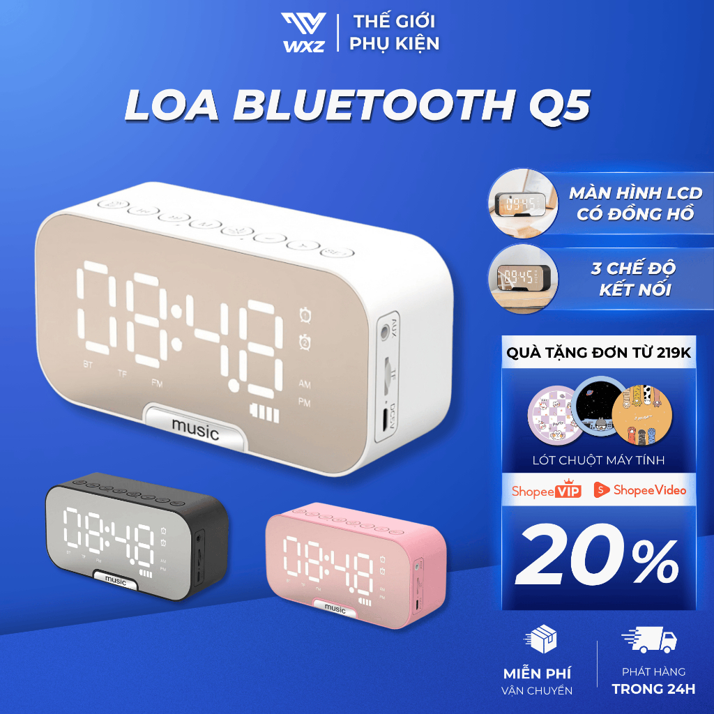Loa Bluetooth Mini Q5 Kèm Đồng Hồ Điện Tử, Màn Hình Số LCD Rõ Nét, Bass Mạnh…