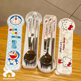 🌤️COD🌤️Doraemon/helloty Bộ Đũa Thìa Dĩa Hoạt Hình Ngộ Nghĩnh Chất Liệu Thép Không Gỉ Kèm Hộp Đựng Tiện Lợi