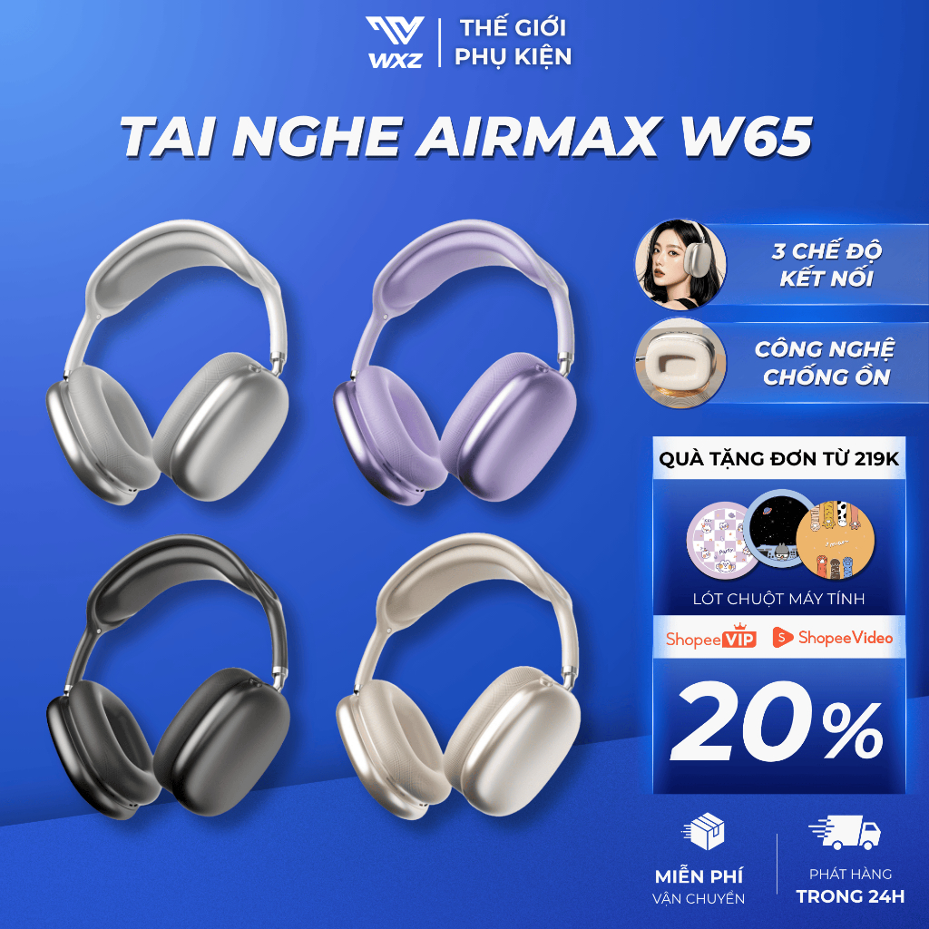 Tai Nghe Chụp Tai Không Dây W65 Airmax Kết Nối Bluetooth, Có Dây, Thẻ Nhớ, Pin Trâu, Đeo Thoáng Khí | BigBuy360 - bigbuy360.vn