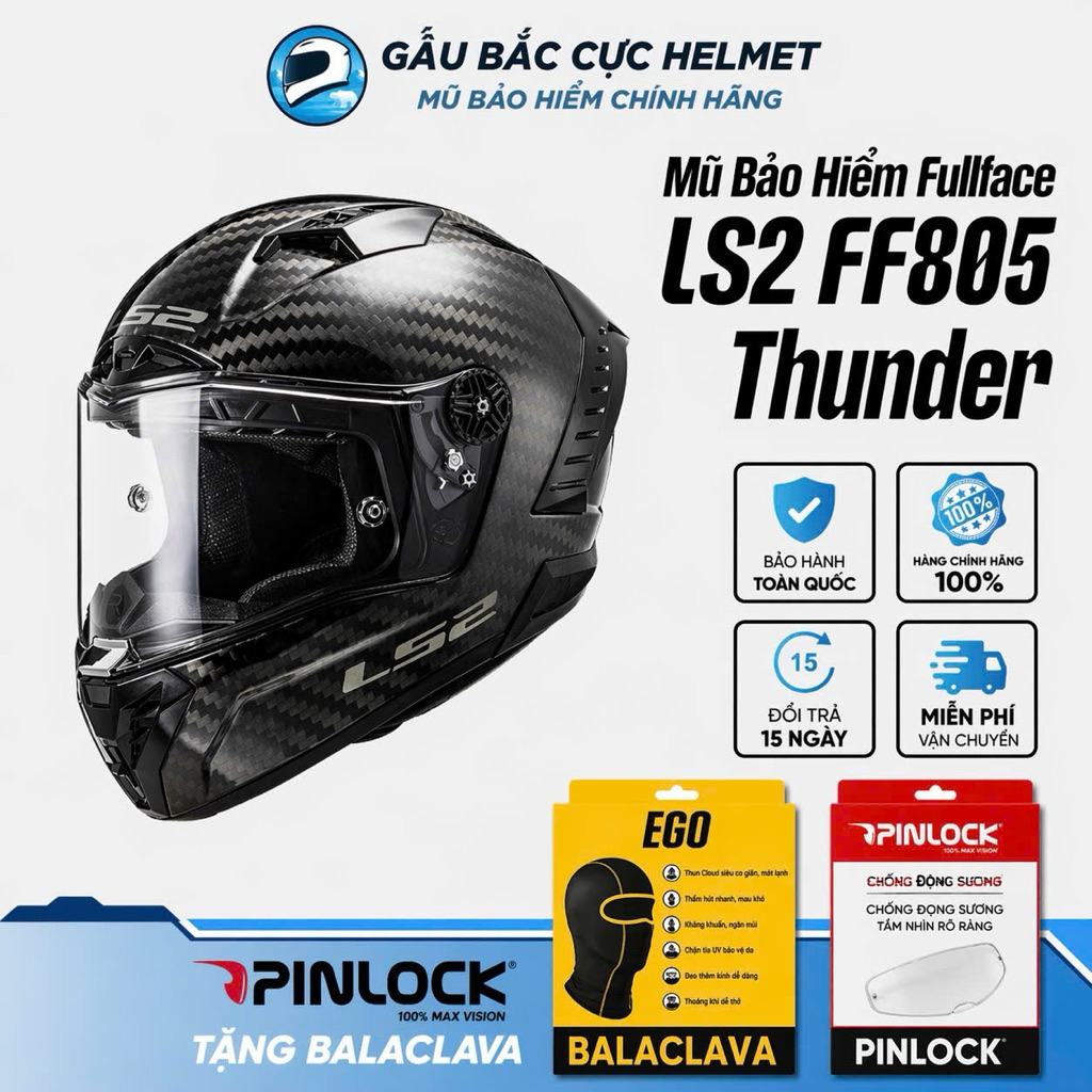 Mũ Bảo Hiểm Fullface LS2 FF805 Thunder FIM Full Carbon Chính Hãng, Pinlock, Siêu Nhẹ Chuẩn FIM