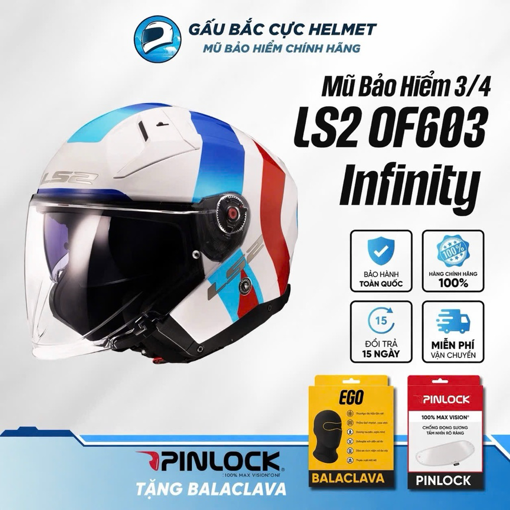 Mũ Bảo Hiểm 3/4 LS2 OF603 Infinity Chính Hãng, Gắn Pinlock, 2 Kính Chống Nắng, Chuẩn An Toàn ECE