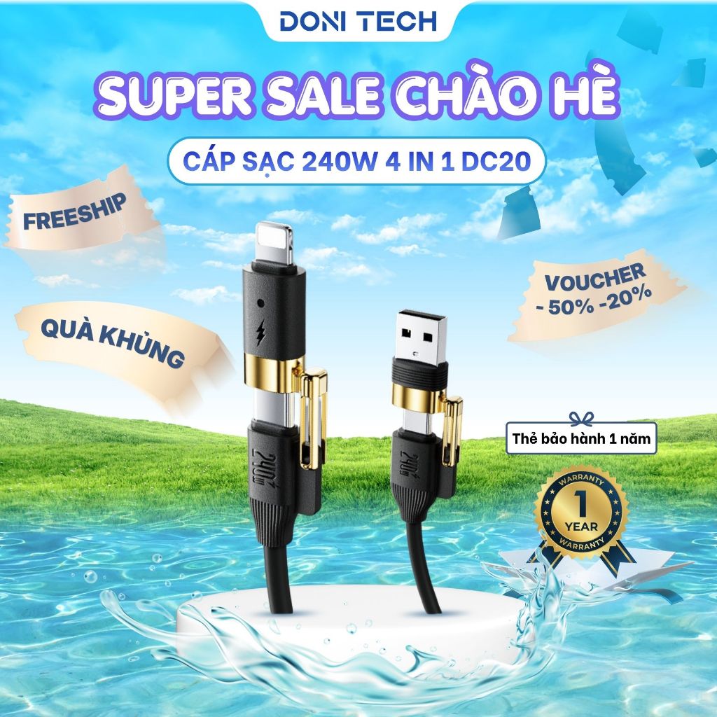 Cáp Sạc Nhanh 240W Silicon 4in1 Doni DC20 Dài 2 Mét Chip E-Marker Cho Phone 8-17 PROMAX, ĐT, Laptop