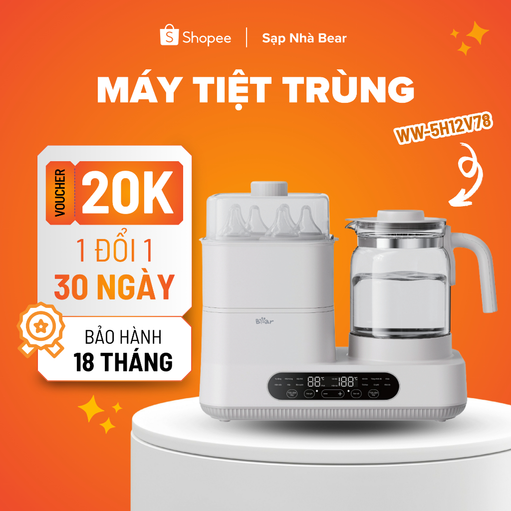 Máy Đun Nước Hâm Sữa Tiệt Trùng Bear WW-5H12V78 Dung Tích 1.3L Chính Hãng Bảo Hành 18 Tháng