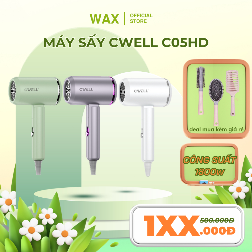 Máy sấy tóc CWELL 1800W- BẢN NÂNG CẤP C05HD gấp gọn 2 chiều nóng lạnh, 3 chế độ nhiệt, ánh sáng xanh