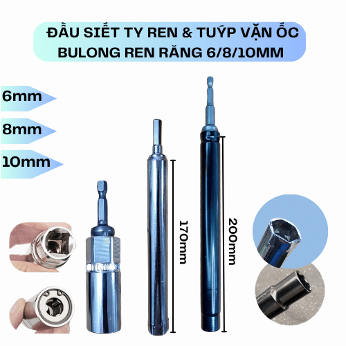 Đầu siết ty & tuýp siết tán ốc ty ren 6 8 10 12mm, chuyên nghiệp thợ thạch cao, điều hòa, PCCC