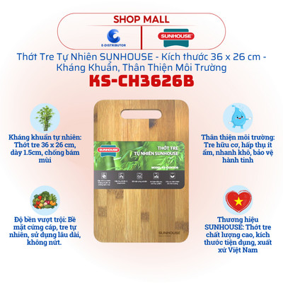 [HỎA TỐC] Thớt tre tự nhiên Sunhouse KS-CH3626B - Kháng khuẩn, chống bám mùi - Hàng chính hãng