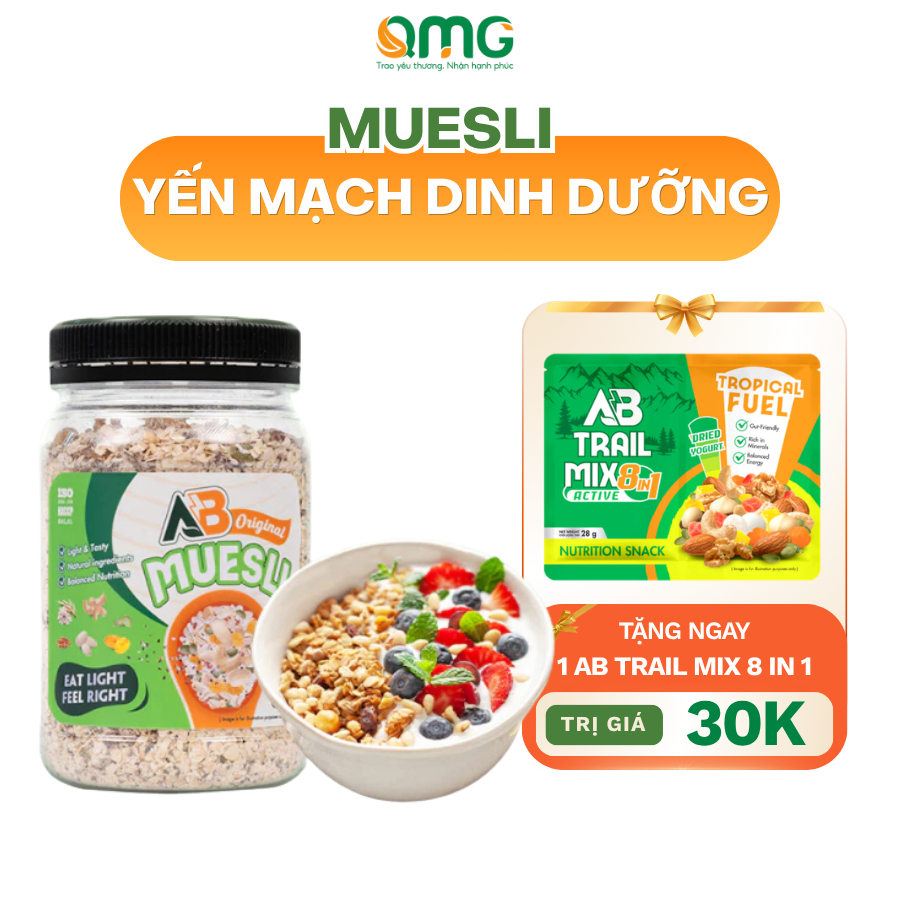 [TẶNG GRANOLA] Ngũ cốc yến mạch nguyên cám Châu Âu Muesli mix hạt và trái cây Healthy AB Nutrition