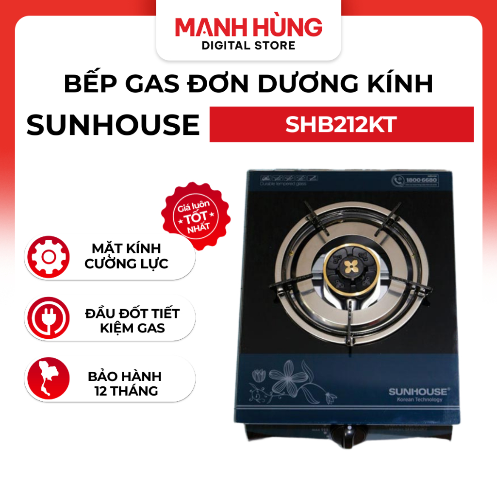 Bếp Gas Đơn Dương Kính Sunhouse SHB212KT - Mặt Bếp Chịu Lực, Tiết Kiệm Gas, Bảo Hành 1 Năm
