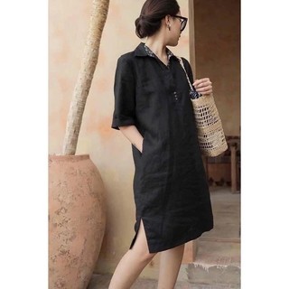 Váy suông tay lỡ công sở cổ đức cổ nẹp pha SLINEN, chất vải Linen bột Premium, form đầm suông giấu bụng