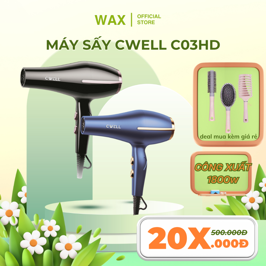 Máy sấy tóc CWELL C03HD công suất lớn 1800W, 6 chế độ sấy kép, ánh sáng xanh bảo vệ tóc