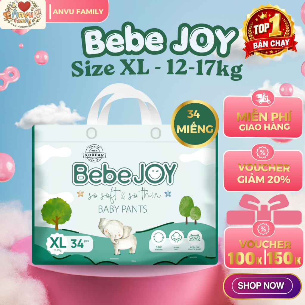 Bỉm quần BebeJOY size XL 12-17kg - 34 miếng  - BONGSAMBON HOUSE