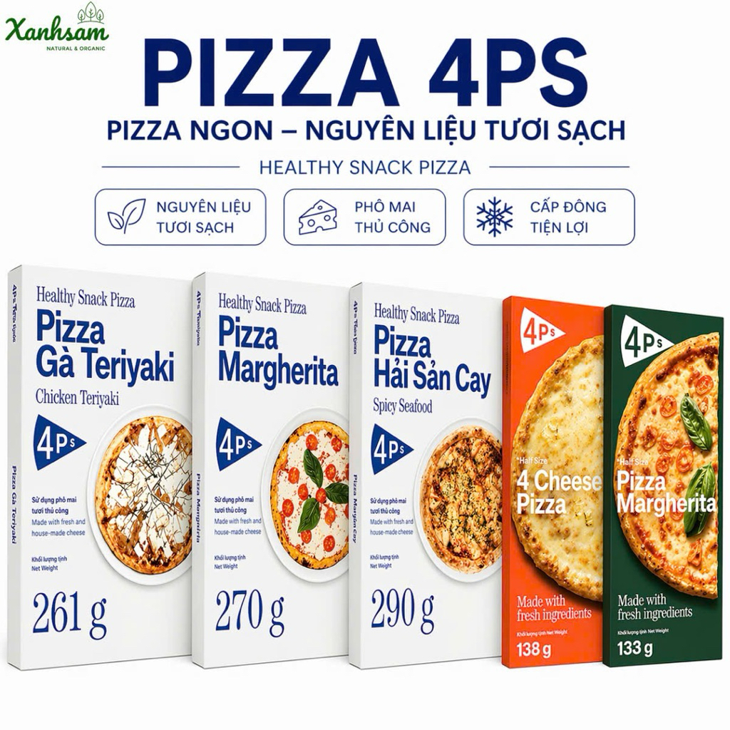 Pizza 4P’s Đông Lạnh | Ngon Như Nhà Hàng Tại Nhà | Margherita, Hải Sản, Gà Teriyaki, 4 Cheese | Nướn