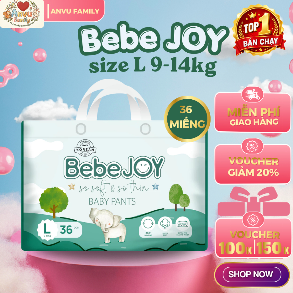 [BỈM QUẦN] BebeJOY size L 9-14kg - 36 miếng  - Anvy Family