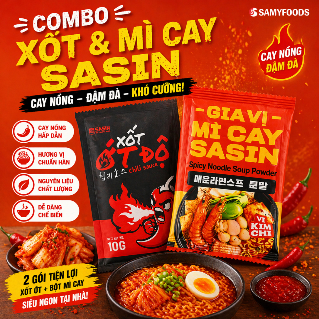 Combo Gia Vị Mì Cay Sasin Kim Chi 45g + Xốt Ớt Sasin 10g | Gia Vị Mì Cay 7 Cấp Độ Chuẩn Vị Sasin Hàn
