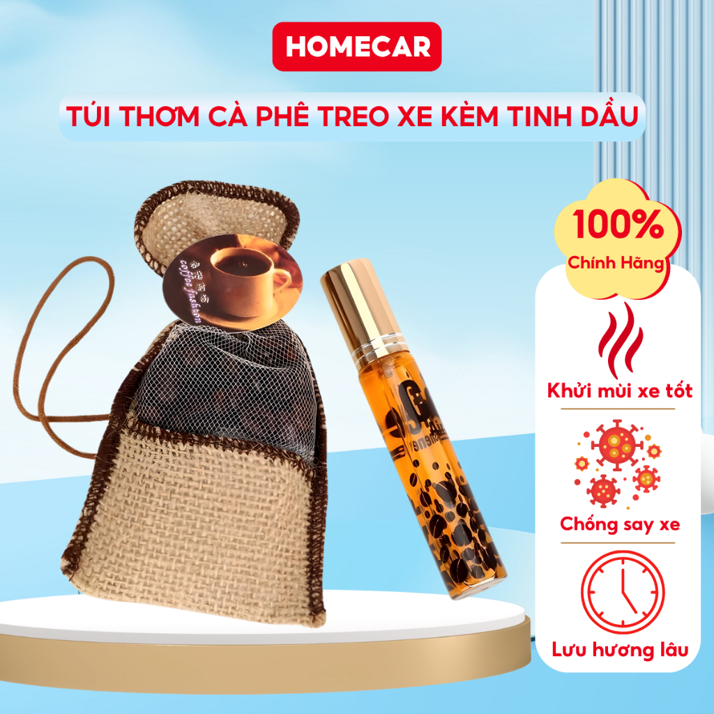 Túi Thơm Cafe Treo Ô Tô Khử Mùi Hiệu Quả Hương Cà Phê Tự Nhiên Kèm Chai Tinh Dầu Cafe Thơm Lâu