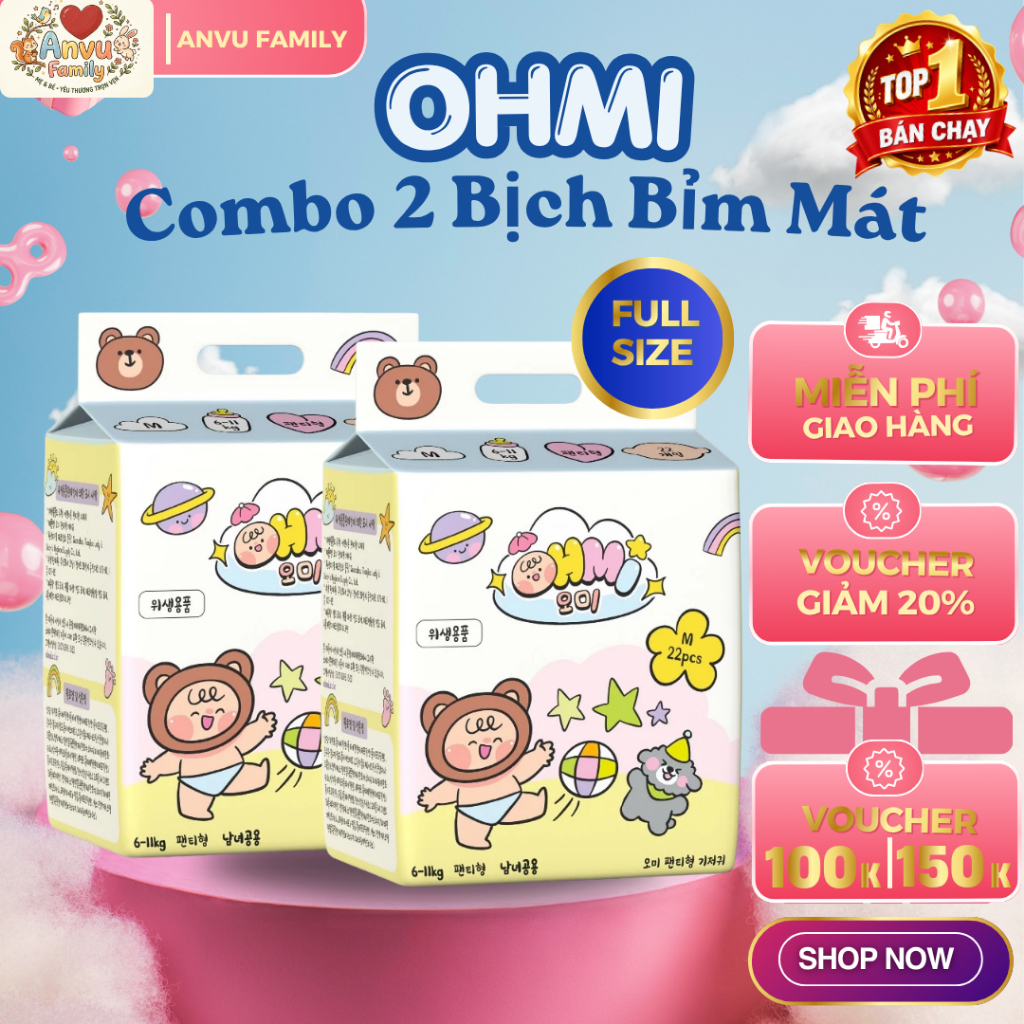Combo 2 Bịch Bỉm Mát OHMI Hàn Quốc - Khô Thoáng, Siêu Thấm Hút - Tã Bỉm Dán/Quần Đủ Size Từ Sơ Sinh 
