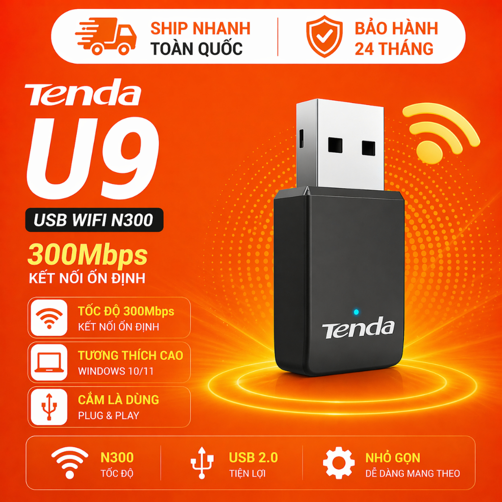 USB WiFi Tenda U9 AC650 Dual Band Gập Gọn Thu Sóng Mạnh Cho PC Laptop