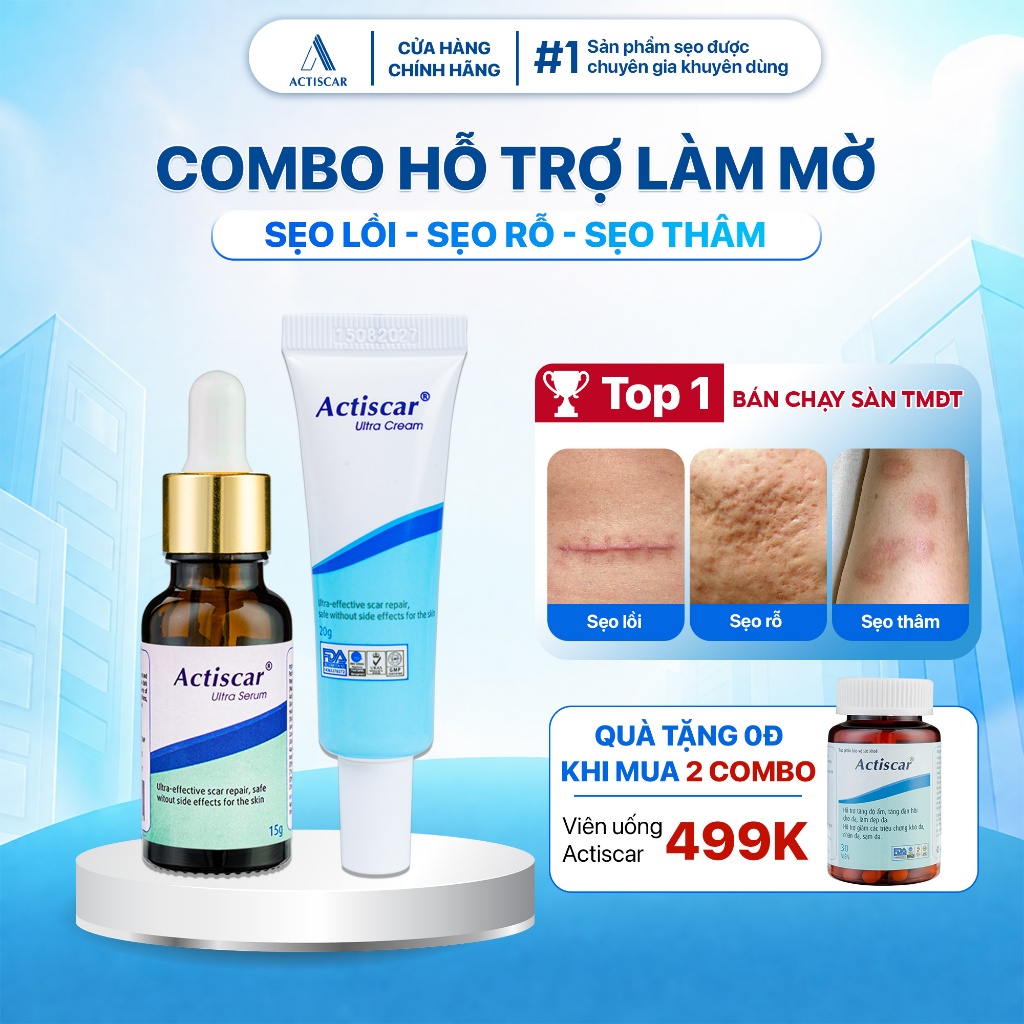 Combo Kem và Serum Hỗ trợ mờ sẹo lồi, sẹo rỗ, sẹo lõm, sẹo thâm, sẹo phẫu thuật, sẹo tai nạn Actisca