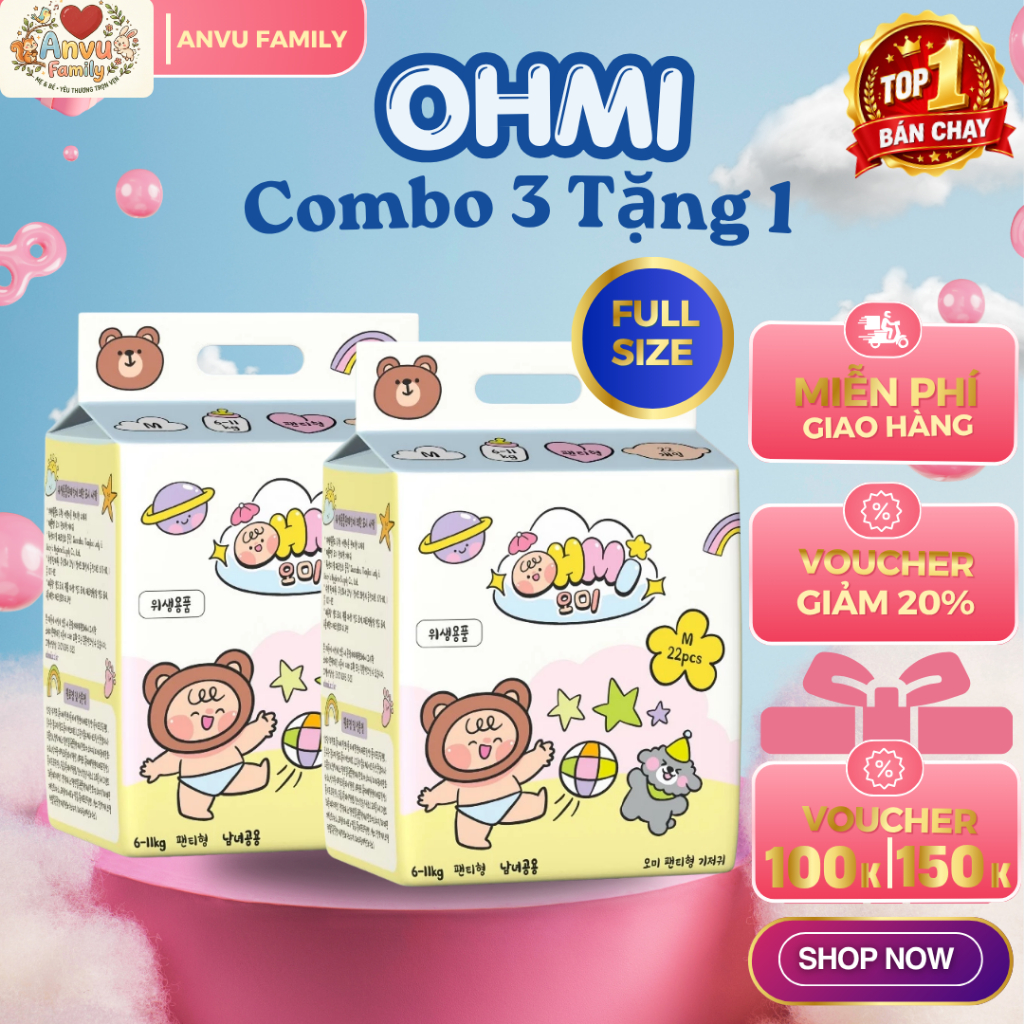 Combo 3 Tặng 1 Bịch Bỉm Mát OHMI Hàn Quốc - Khô Thoáng, Siêu Thấm Hút - Tã Bỉm Dán/Quần Đủ Size Từ S