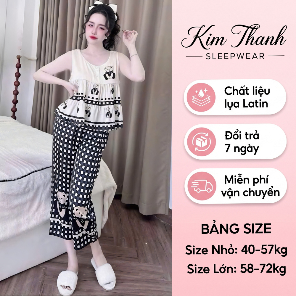 Bộ Ngủ Mặc Nhà Q4  Lụa Latin - Lửng 9 Tấc Sát Nách, Mát Mịn, Họa Tiết Sắc Nét Kim Thanh